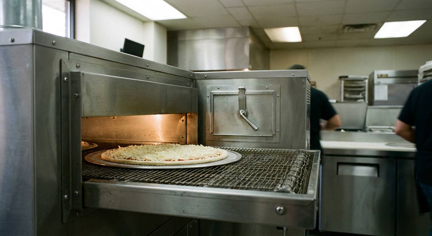 An unbaked cheese pizza on a metal pizza screen riding the wire conveyor belt into the lit baking chamber of a stainless conveyor oven.