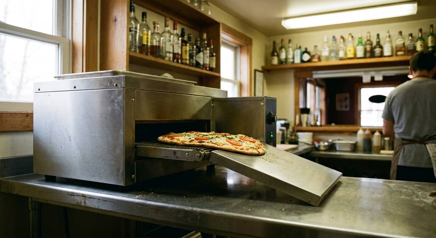 A compact countertop electric conveyor oven on a stainless bar-kitchen counter, a flatbread pizza sliding out onto the angled exit shelf.