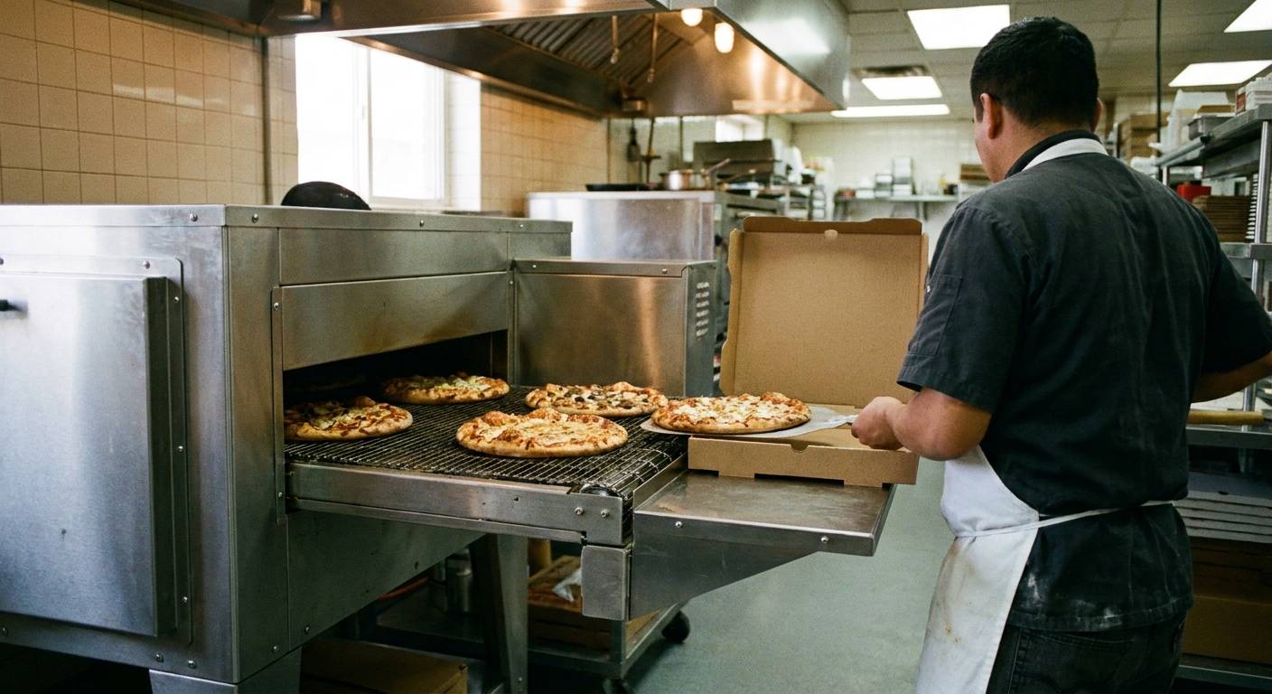 Baked pizzas leaving a conveyor oven belt onto the exit shelf as a cook slides one into a plain cardboard delivery box.