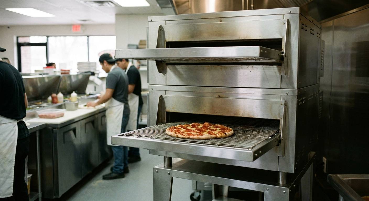 Two stainless steel conveyor pizza ovens stacked on a stand in a pizzeria kitchen, a baked pepperoni pizza resting on the wire belt at the lower oven's exit while cooks work the prep line behind.