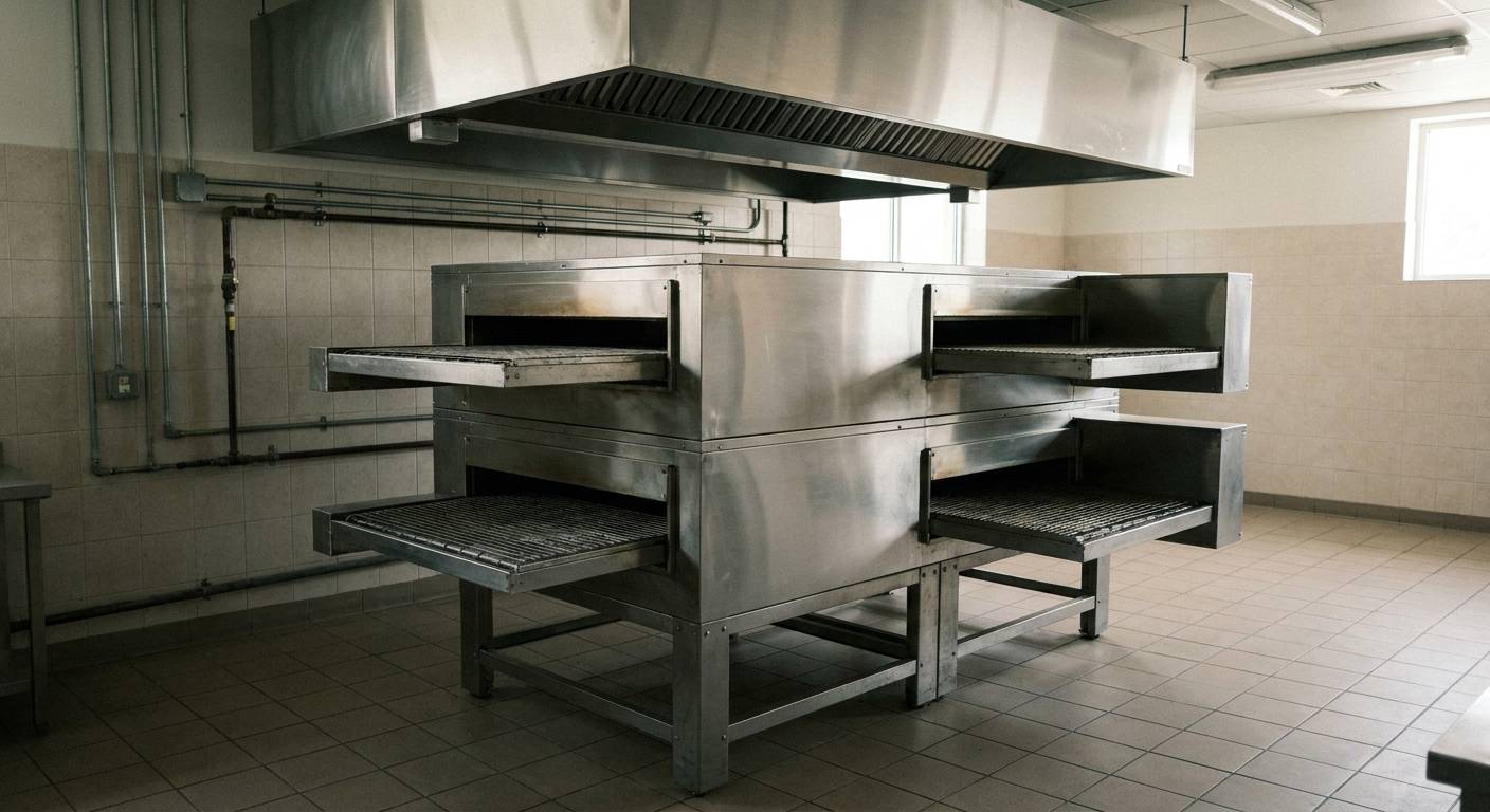 Two newly installed double-stacked conveyor pizza ovens under a stainless commercial exhaust hood, with gas piping and electrical conduit on the wall.