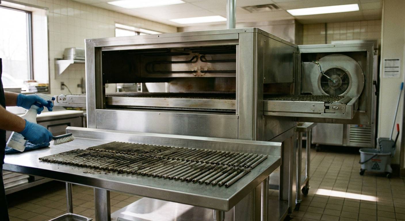 Air impingement fingers removed from a conveyor pizza oven and laid out on a stainless table for cleaning, with a gloved worker's hands and the oven's belt and blower housing open behind.