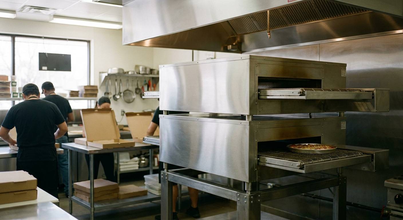 Two conveyor pizza ovens stacked on one stand under a stainless exhaust hood in a busy delivery kitchen, with cooks folding pizza boxes at the cut table.